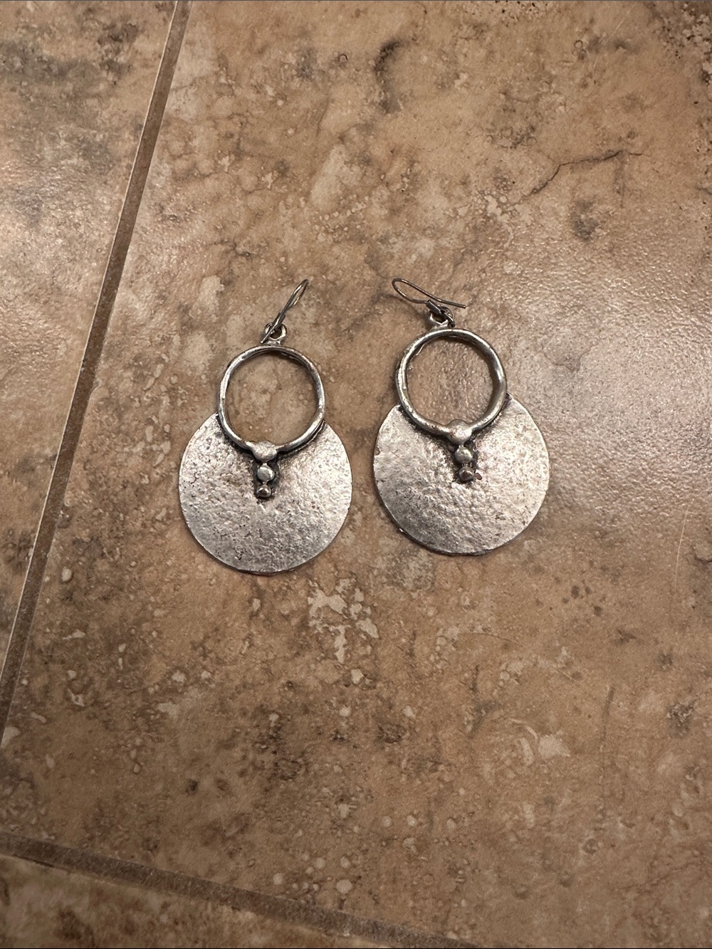 Silver Textured Drop Hoop Earrings - Women Jewelry